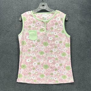 Body‎ Touch Tank Top pajama Womens Medium white pink Floral Soft Henley pearl